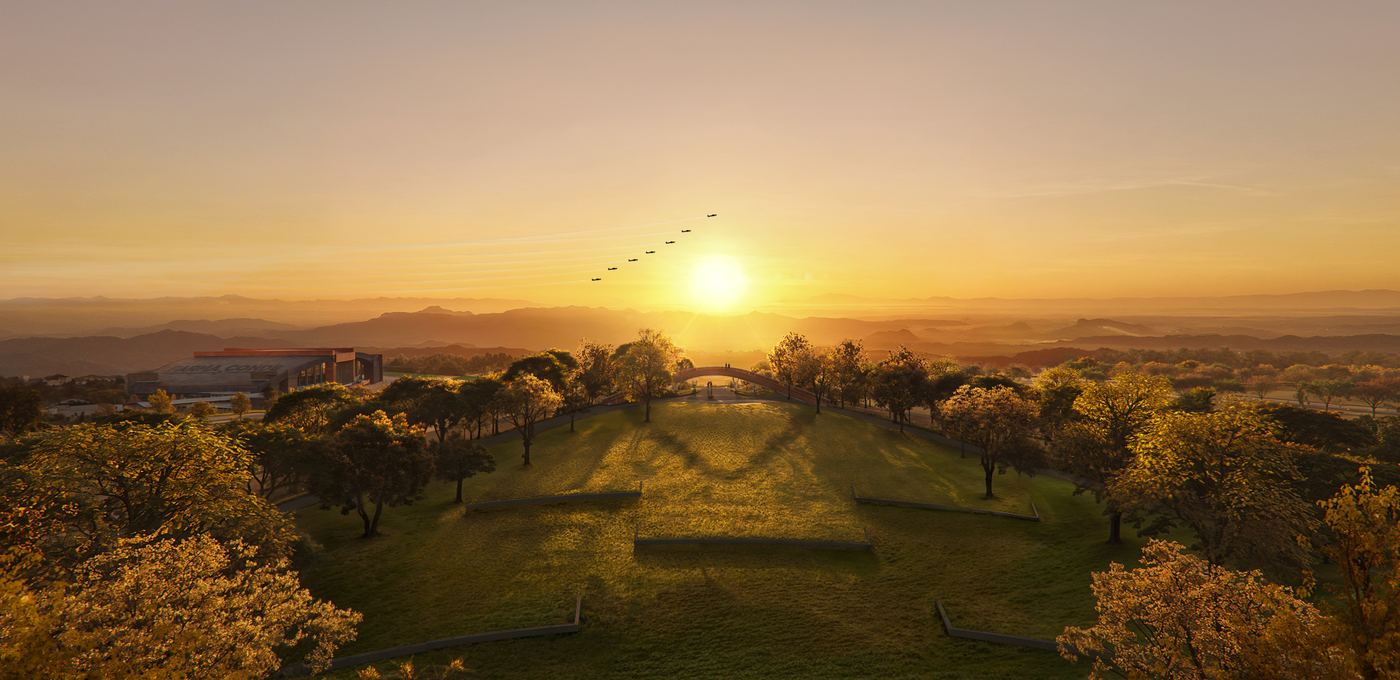 Vista aérea do Parque Una em São José dos Campos ao pôr do sol